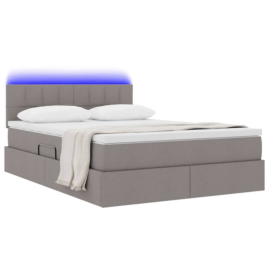 Ein modernes Plattformbett mit gepolstertem grauem Kopfteil, weicher weißer Bettwäsche und einer blauen LED-Lichtakzentbeleuchtung darüber.
