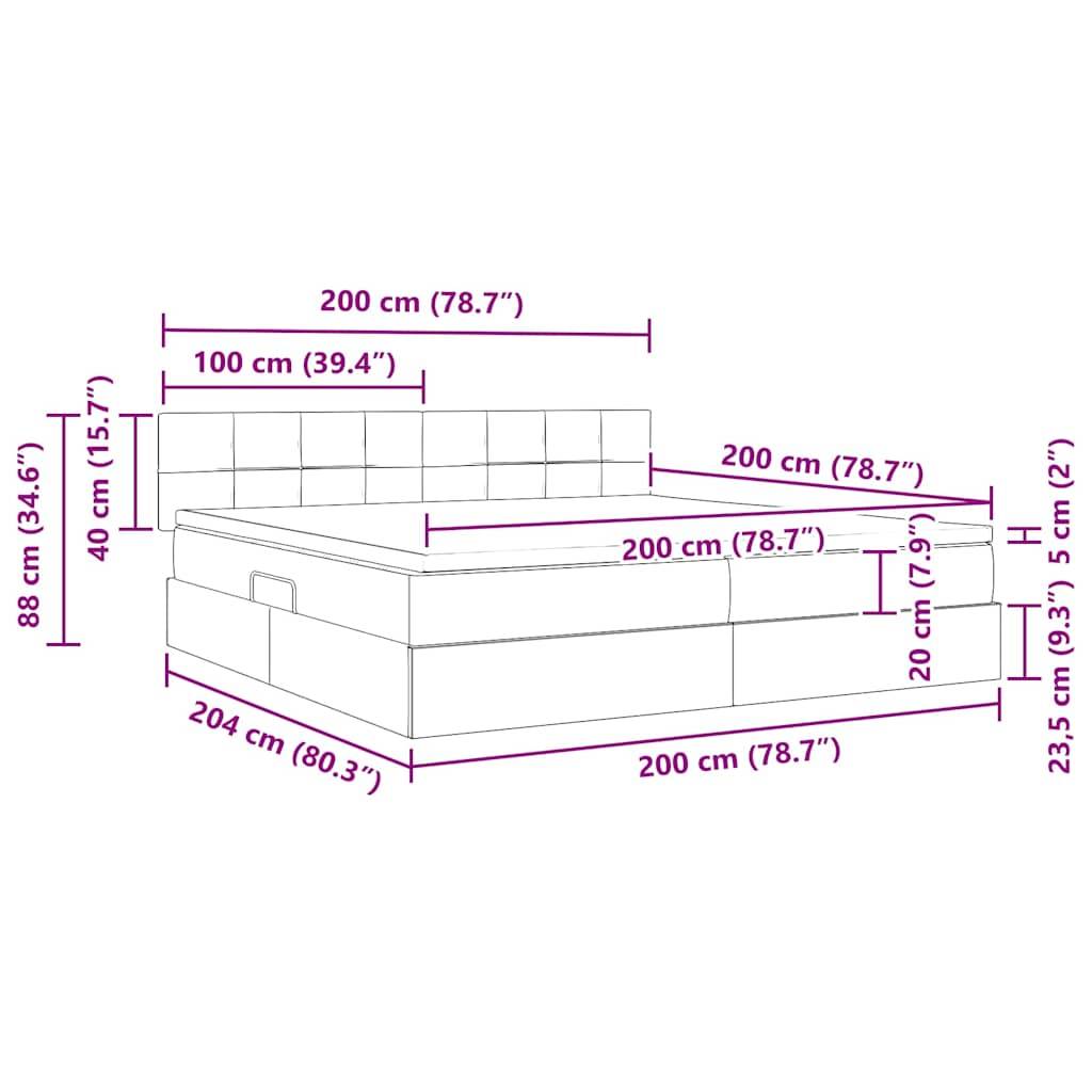 Diagramm mit Abmessungen eines Bettes mit Kopfteil. Gesamtbreite und -länge: 204 cm x 200 cm; Höhe des Kopfteils: 88 cm.