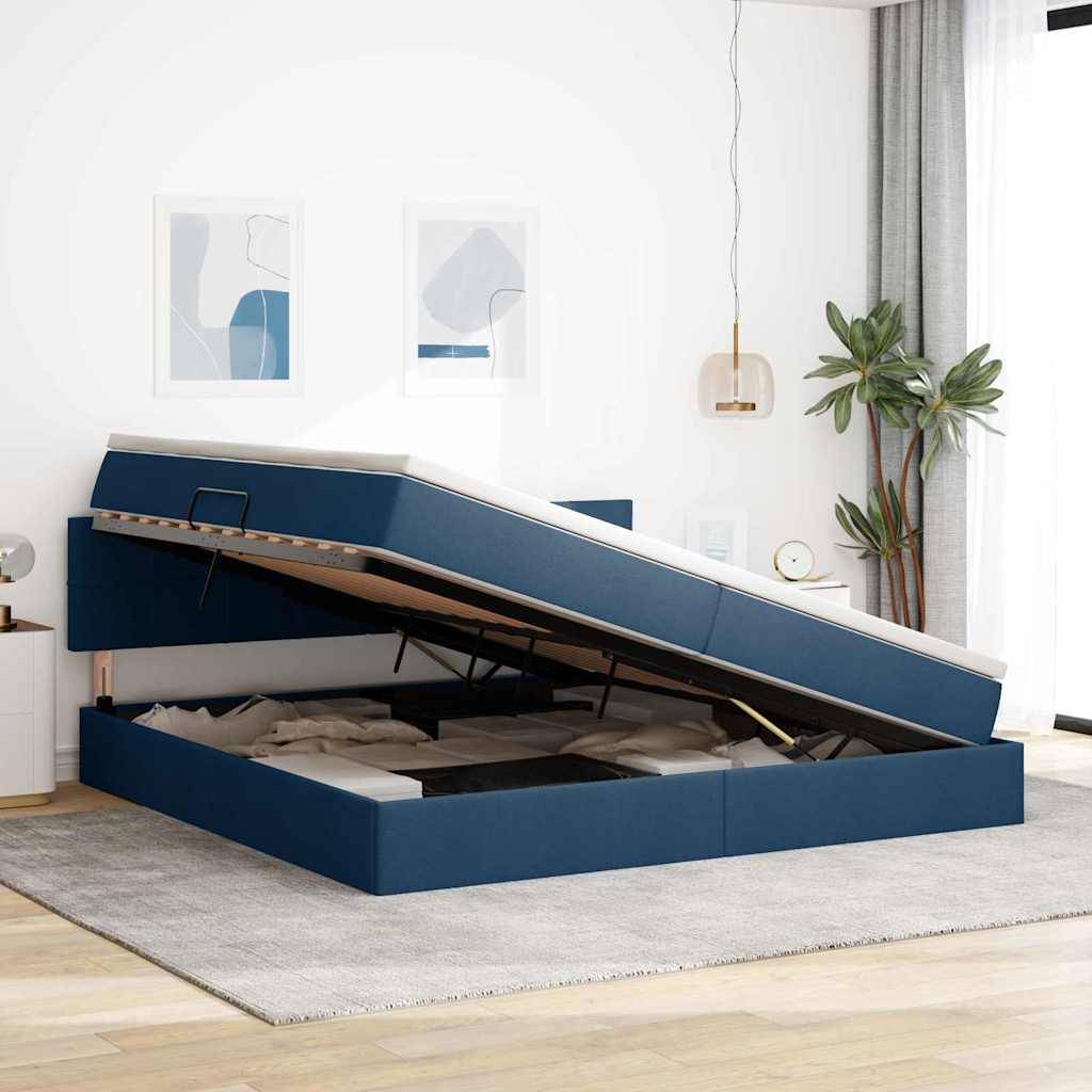 vidaXL LED-Speicherbett mit Matratze Blau 200 x 200 cm Stoff