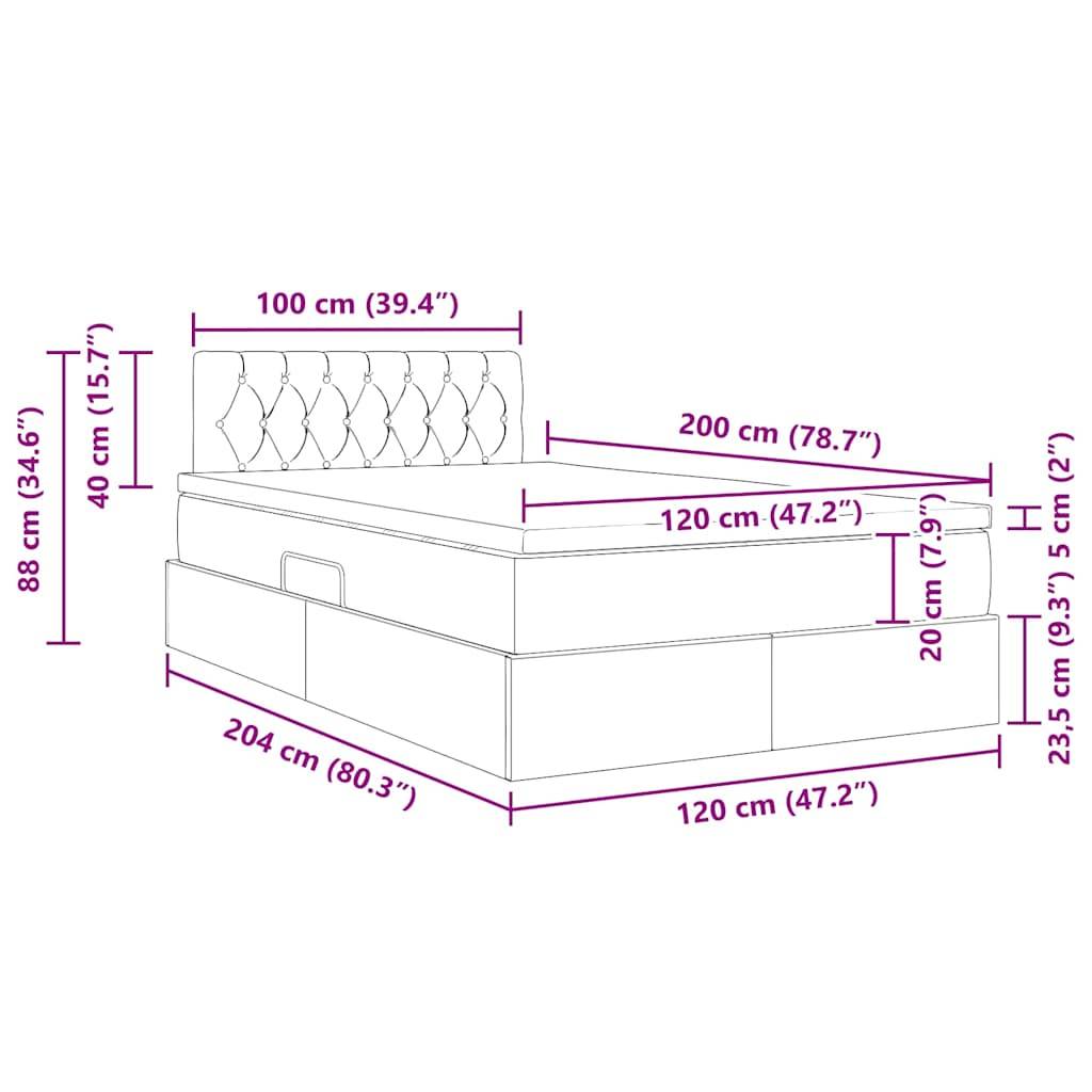 Diagramm eines Bettes mit Maßen: Höhe 88 cm, Breite 100 cm, Länge 204 cm. Zeigt Details der Aufbewahrungsschubladen und des Kopfteils.