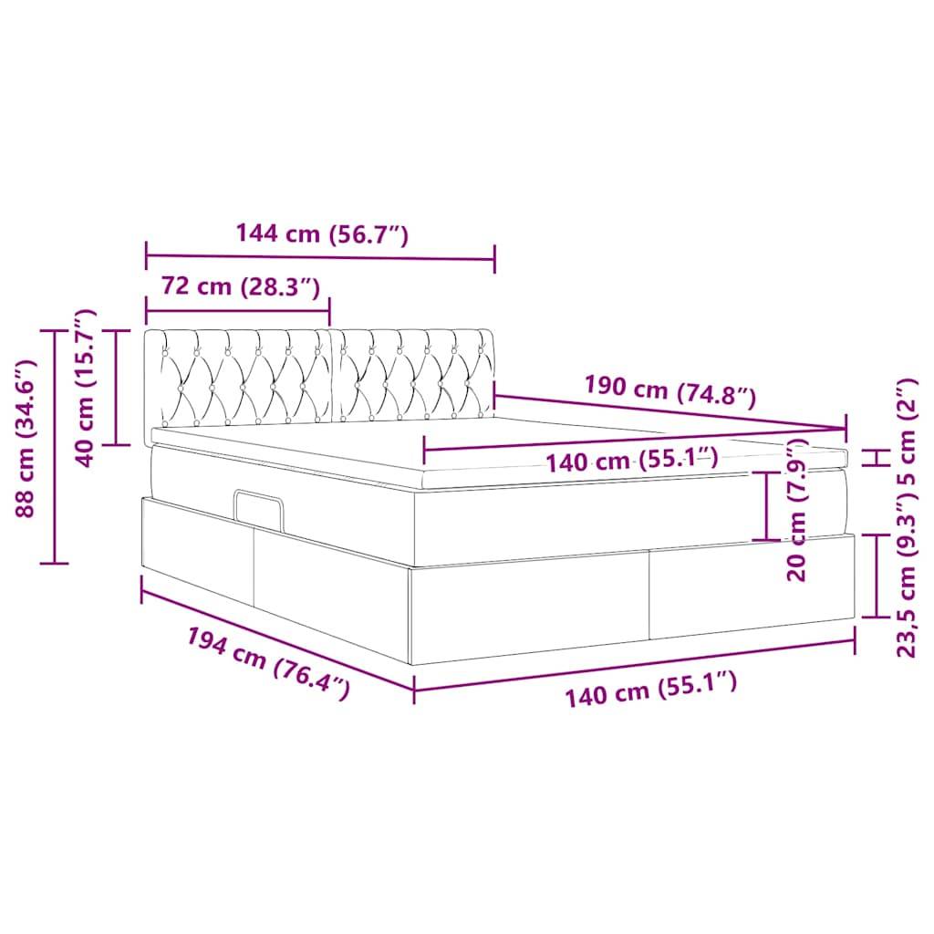 Ein Diagramm eines Bettes mit Maßen: Höhe des Kopfteils 88 cm, Bettlänge 194 cm, Breite 144 cm; Mattenhöhe 20 cm, Basishöhe 40 cm.