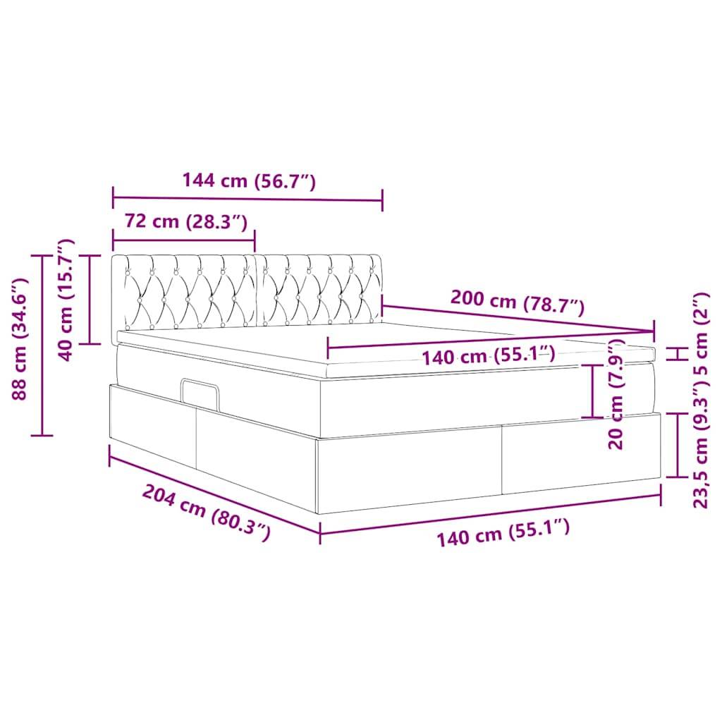Bettabmessungen: 204 cm lang, 144 cm breit, 88 cm Kopfteilhöhe, inklusive Staurauszug. Matratze: 140 cm breit, 200 cm lang.