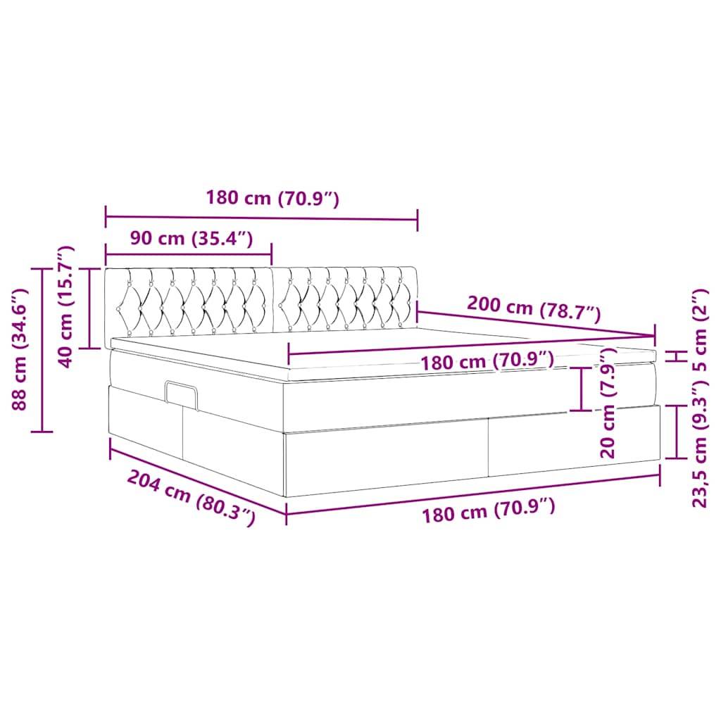 Bettmaße: Höhe 88 cm, Länge 204 cm, Breite 180 cm. Kopfteil: Höhe 40 cm. Matratzenbereich: 180 cm x 200 cm. Höhe vom Boden: 23,5 cm.