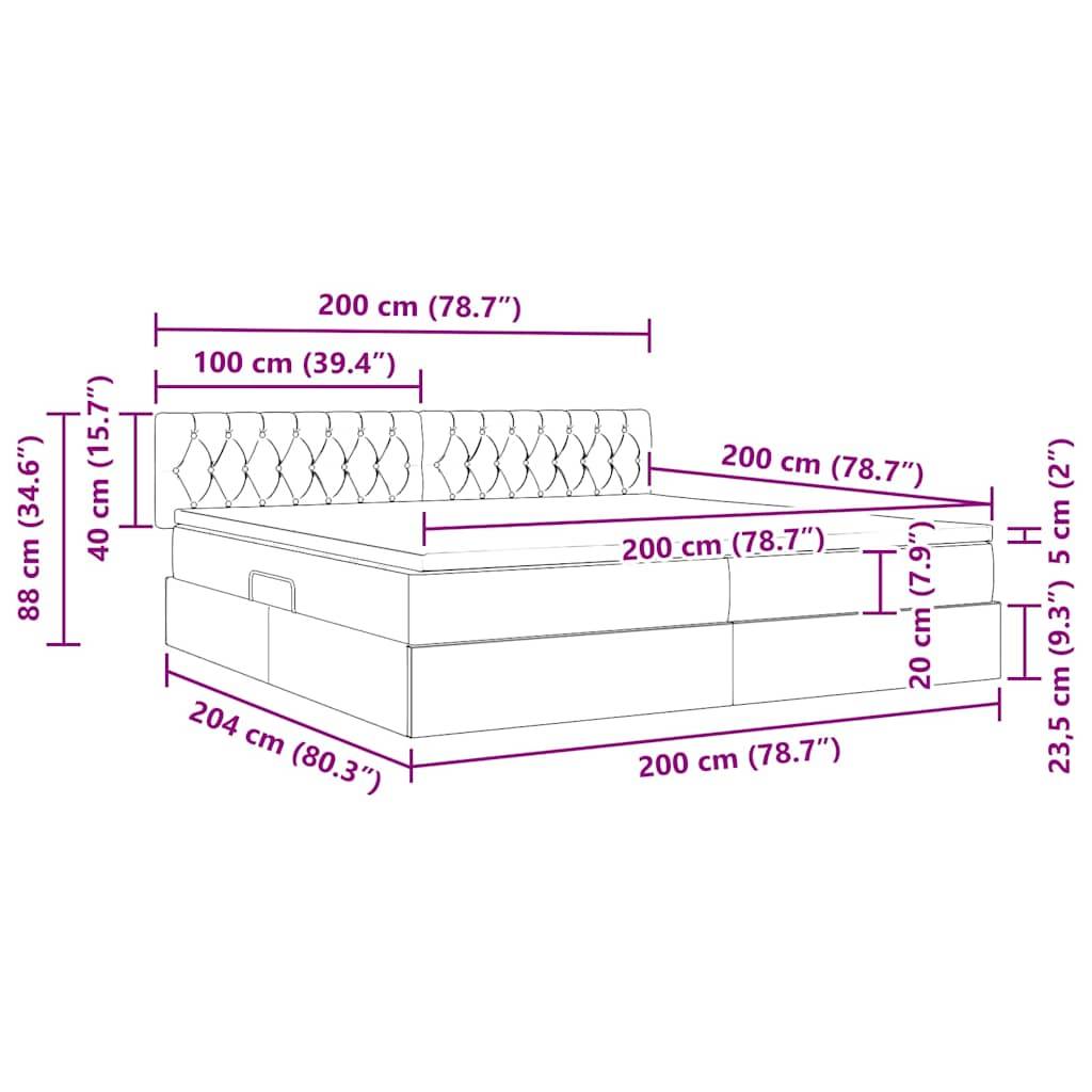 Maße eines Bettes mit gepolstertem Kopfteil: Länge 204 cm, Breite 200 cm, Höhe 88 cm, Basishöhe 40 cm, Kopfteiltiefe 10 cm.
