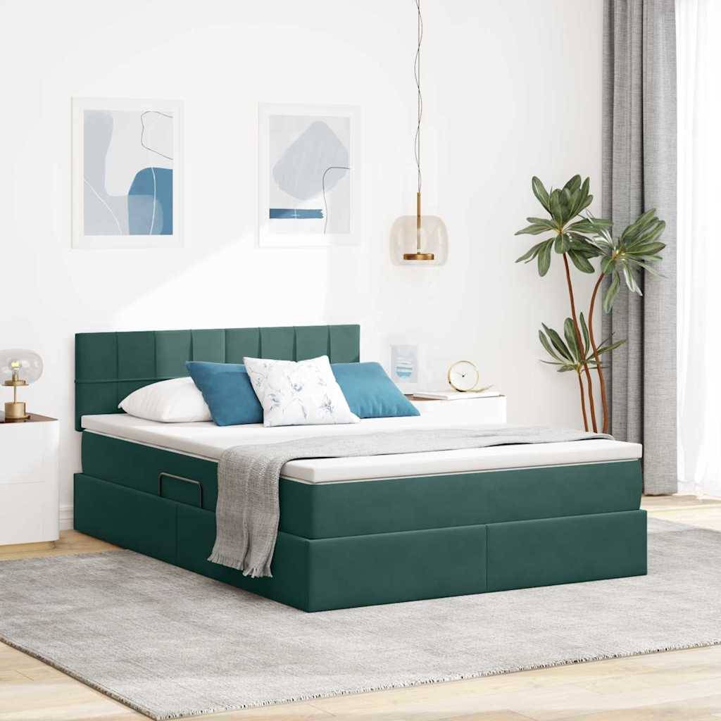 Ein modernes Schlafzimmer zeigt ein grün gepolstertes Bett mit weißer und blauer Bettwäsche. Abstrakte Kunst hängt darüber, und eine Topfpflanze steht in der Ecke.