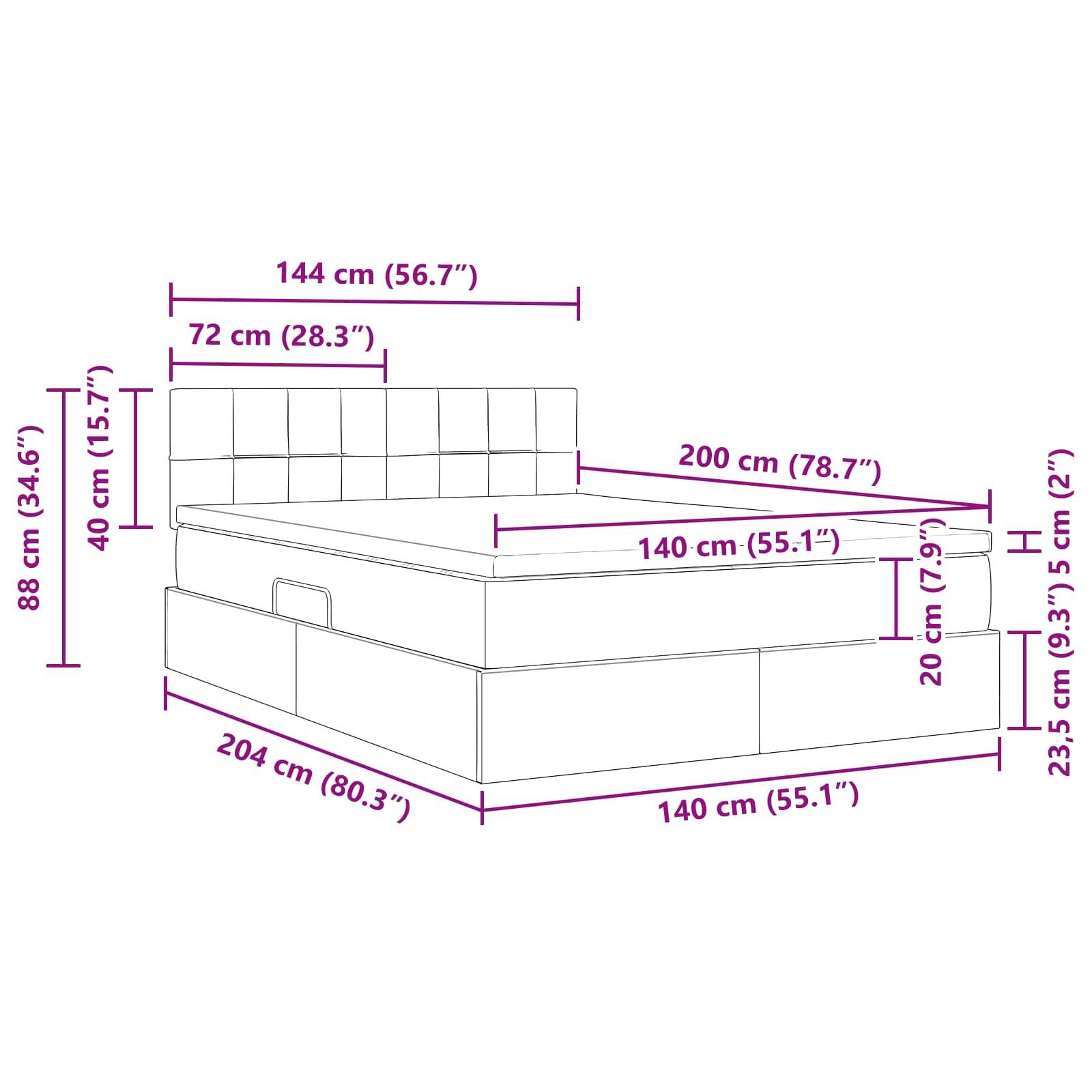Abmessungen eines Bettes mit Kopfteil: Breite 144 cm, Länge 204 cm, Kopfteillänge 88 cm, Betthöhe 40 cm. Matratzenlänge 200 cm.