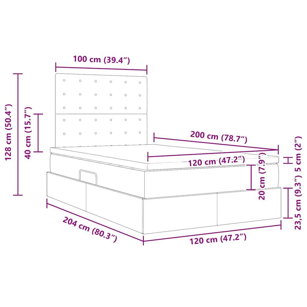 Eine Skizze eines Bettes mit Abmessungen: Höhe 128 cm, Breite 204 cm, Tiefe 200 cm. Matratzengröße und Kopfteilabmessungen enthalten.