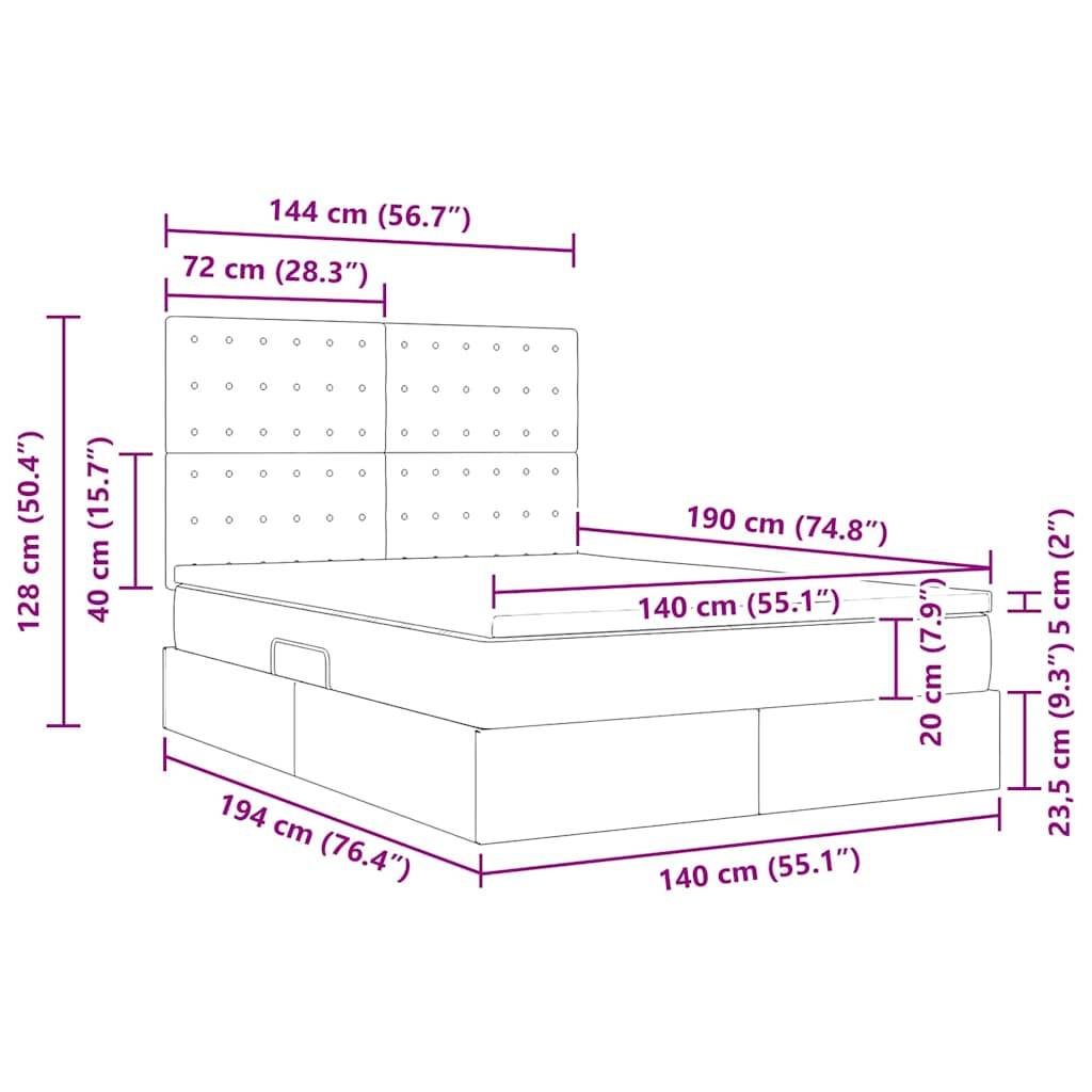 Diagramm einer Bett mit beschrifteten Abmessungen: Kopfteillänge 128 cm, Betthöhe 40 cm, Länge 194 cm, Breite 140 cm. Verschiedene Teile mit Maßen in cm und Zoll beschriftet.