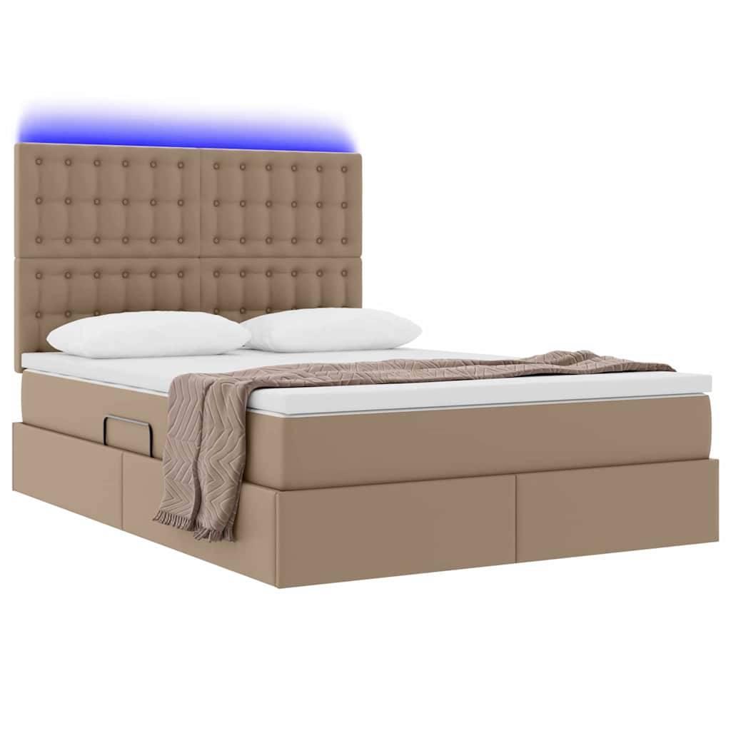 Ein modernes beiges Bett mit gepolstertem Kopfteil mit blauer LED-Beleuchtung. Zwei weiße Kissen und eine braune Decke sind ordentlich arrangiert.