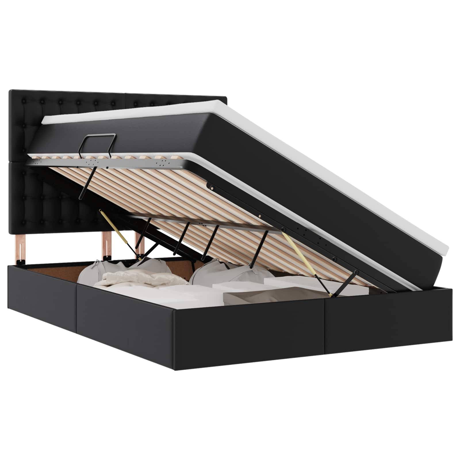 Ein schwarzes gepolstertes Bett mit einem aufklappbaren Stauraum unter der Matratze, der gelagerte Gegenstände wie Kissen und Decken zeigt.