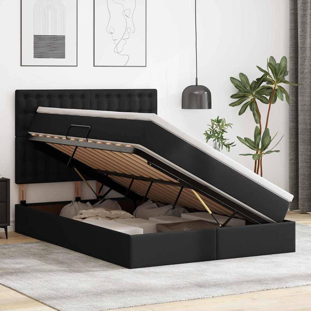 Ein ordentlich gemachtes Bett mit einer Matratzenunterkonstruktion mit Scharnier, die angehoben wird, um Stauraum darunter freizugeben. Ein modernes Schlafzimmer mit Kunst, einer Lampe und einer Pflanze.
