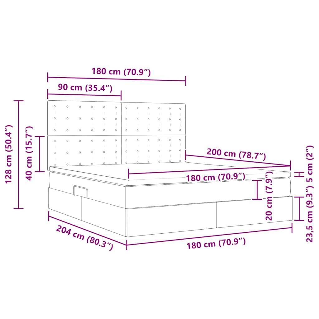Eine Skizze mit Bettabmessungen: Kopfteil 128 cm hoch, Matratze 200 cm lang und 180 cm breit, Untergestell 40 cm hoch, Gesamtlänge 204 cm.