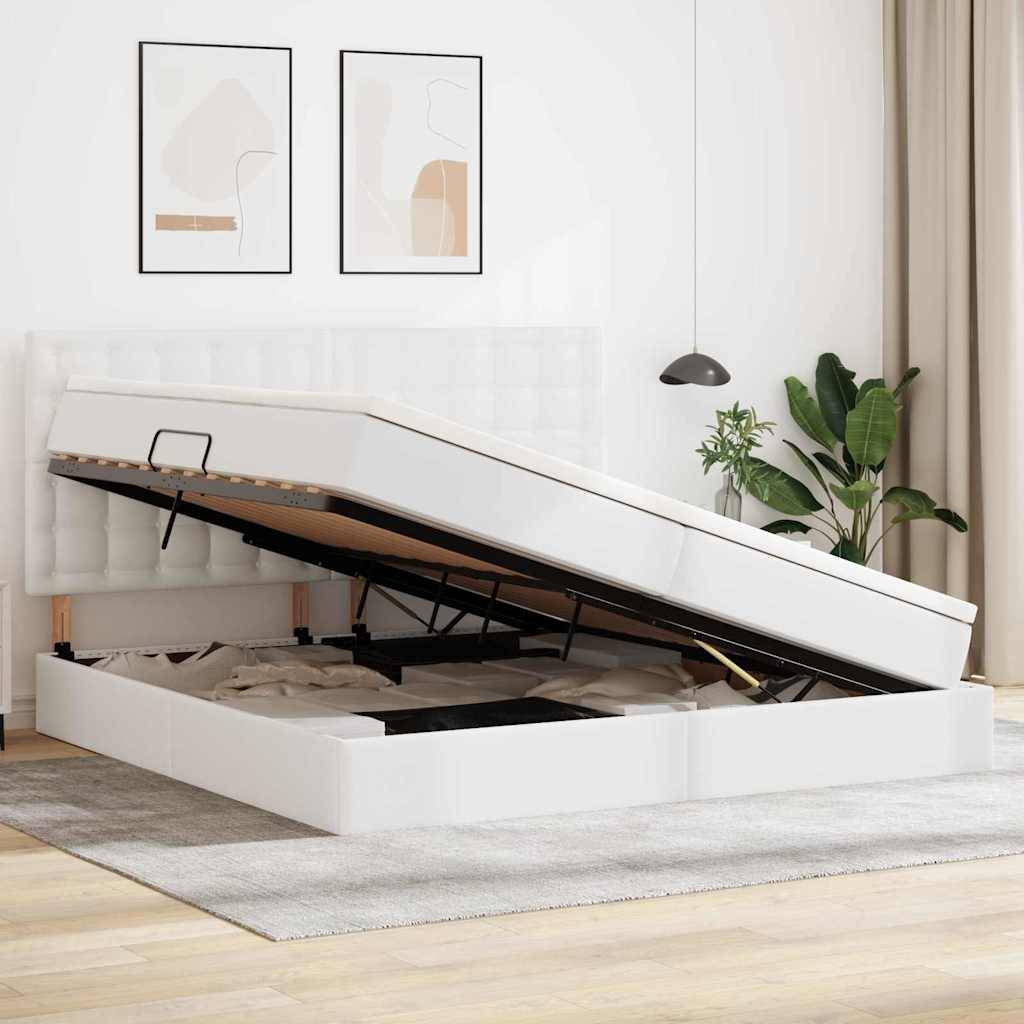 Beigefarbenes Plattformbett mit hydraulischer Hubspeicherung, platziert in einem modernen Schlafzimmer mit hellem Holzbodenbelag und minimalistischer Wandkunst.