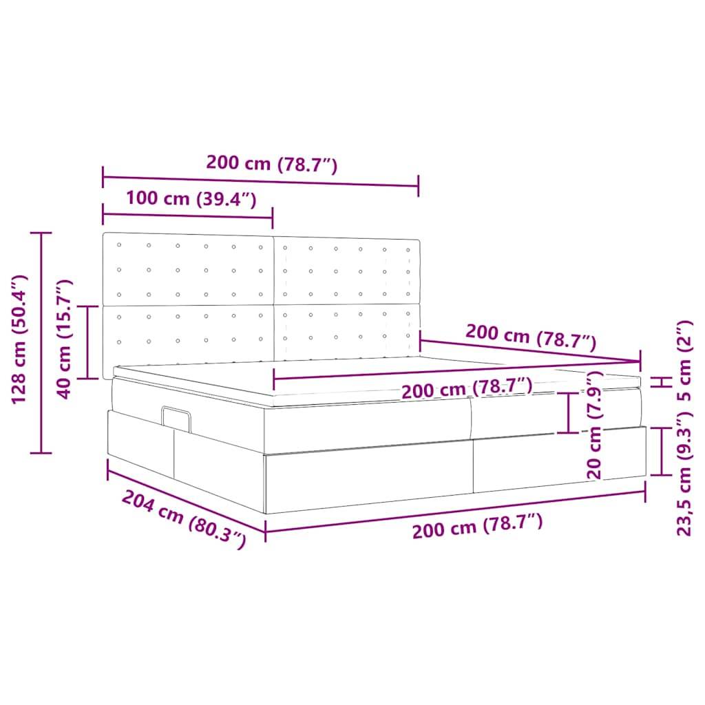 Eine Skizze eines Bettgestells mit Maßen: 200 cm (Länge), 204 cm (Breite), 128 cm (Höhe des Kopfendes), 23,5 cm (Höhe des Fußendes).