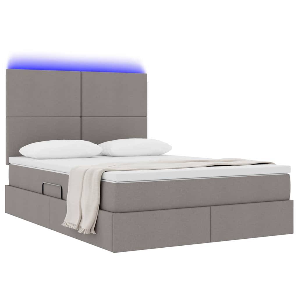 Ein modernes, hellgraues Bett mit gepolstertem Kopfteil und neonblauer Hintergrundbeleuchtung. Weiße Kissen und eine beige Wurfdecke sind ordentlich arrangiert.
