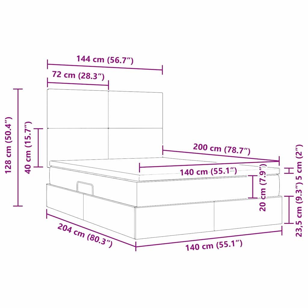 Bettmaße Diagramm: 144 cm breit x 200 cm lang. Höhe des Kopfteils 72 cm, Betthöhe 40 cm. Inklusive Matratzen- und Stauraum unter dem Bett Abmessungen.