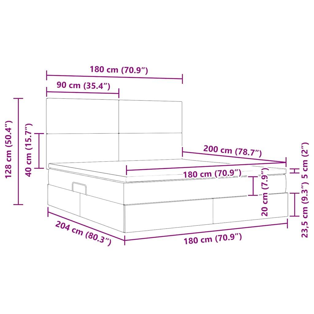 Bett mit Abmessungen: Höhe 128 cm, Breite 204 cm, Tiefe 204 cm. Matratzenbereich: 180 cm x 200 cm, Kopfteilhöhe 40 cm, Fußteilhöhe 23,5 cm.