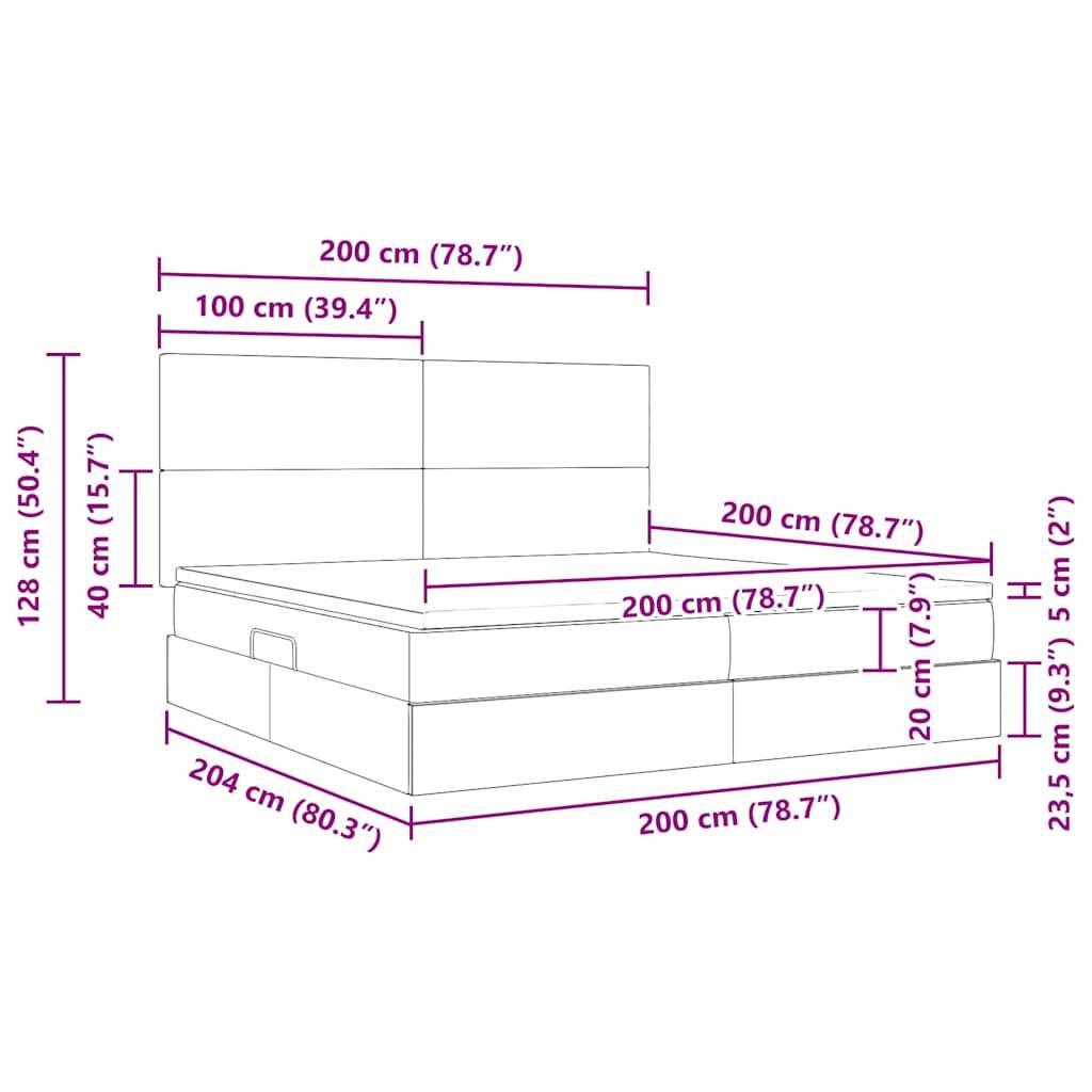 Technische Zeichnung eines Bettes mit Maßangaben. Kopfteil: 128 cm hoch, 200 cm breit. Bettlänge: 204 cm, Breite: 200 cm, Höhe: 40 cm. Matratze: 20 cm dick.