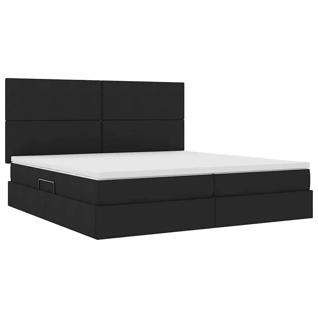 Ein modernes, schwarzes Plattformbett mit hohem Kopfteil und einer weißen Matratze, von der Seite aufgenommen und mit Fokus auf sein minimalistisches Design.
