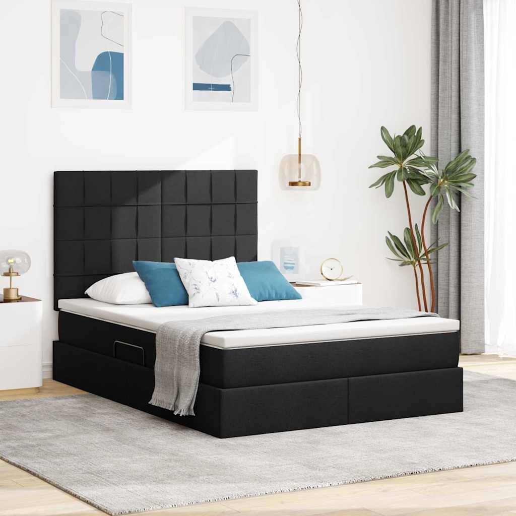 Ein modernes Schlafzimmer mit einem schwarz gepolsterten Bett, blauen und weißen Kissen und minimalistischer Kunst über dem Kopfteil. Eine Pflanze steht in der Ecke.