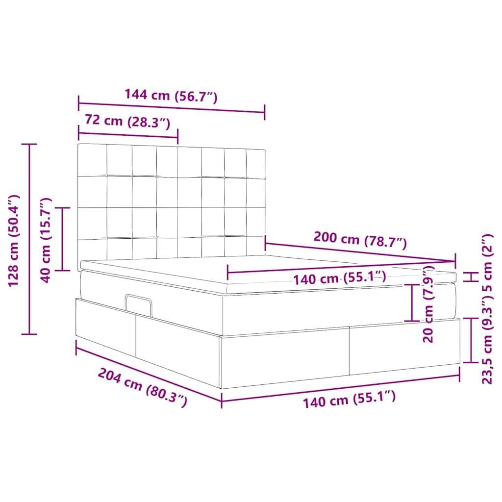 Diagramm eines Bettes mit Maßen: 204 cm lang, 140 cm breit, Kopfteil 128 cm hoch und Matratze 20 cm hoch. Zusätzliche Metriken dargestellt.