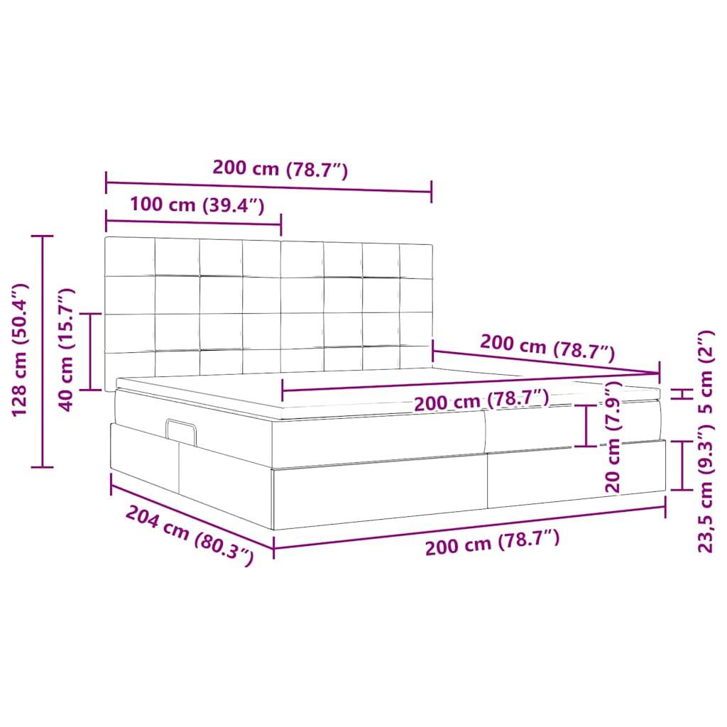 Illustration zur Darstellung der Abmessungen eines Bettes, mit einer Kopfteilhöhe von 128 cm, einer Matratzenbreite von 180 cm und einer Bettlänge von 204 cm.