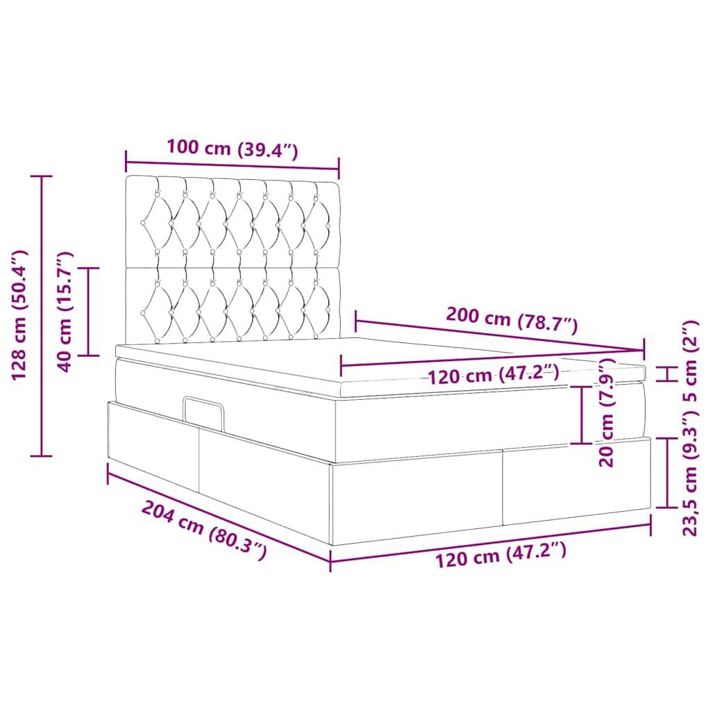 Abbildung mit Bettabmessungen: Höhe 128 cm, Breite 100 cm, Länge 204 cm. Matratzenoberfläche 200 cm x 120 cm, Stauraumtiefe 23,5 cm.