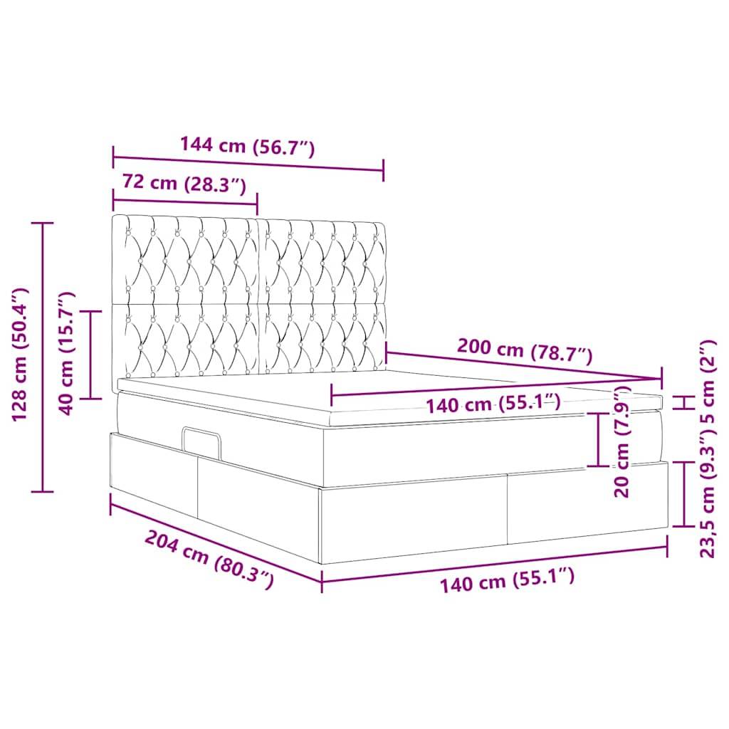 Diagramm eines Bettes mit Maßen: Kopfteil 144 cm breit, 128 cm hoch; Bettgestell 204 cm lang, 140 cm breit, Höhe 40 cm; Matratze 200 cm lang, 140 cm breit.