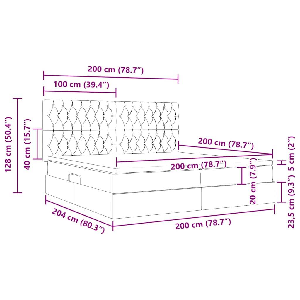 Bettdiagramm mit Abmessungen: Höhe 128 cm, Länge 204 cm, Breite 200 cm. Kopfteil 100 cm, Sockelhöhe 40 cm, Matratze 20 cm, Beine 23,5 cm.