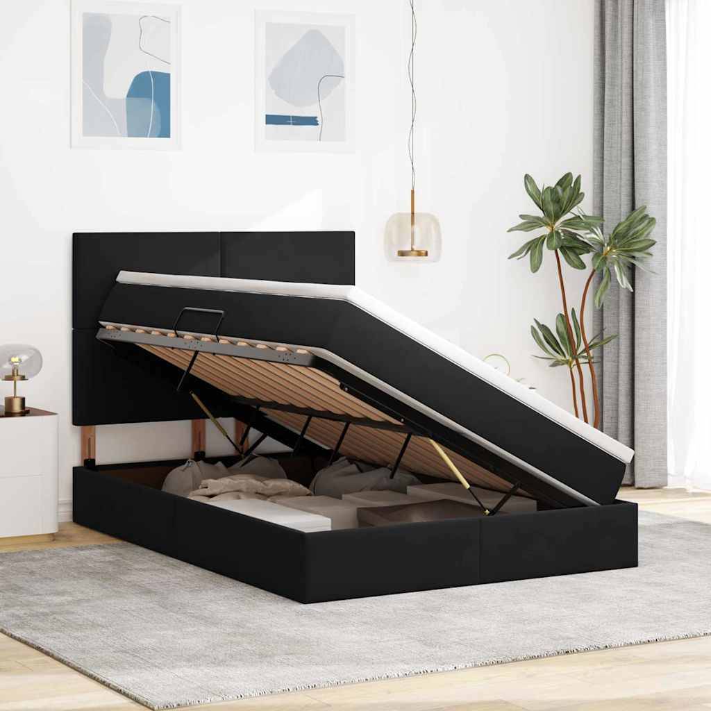 Ein modernes Bett mit einer klappbaren Stauraum-Ablage, die großzügigen Platz unter der Matratze zur Aufbewahrung freigibt. Die Dekoration umfasst zwei abstrakte Kunstwerke und eine Topfpflanze.