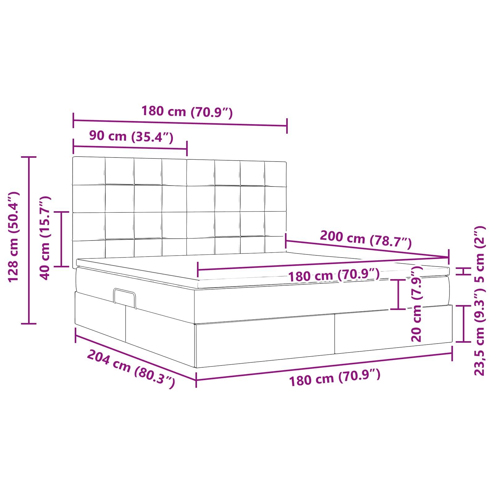 Diagramm eines Bettes mit Maßen: Höhe 128 cm, Breite 180 cm, Länge 204 cm. Matratze 180 cm breit, 200 cm lang. Bettgestell 40 cm hoch.