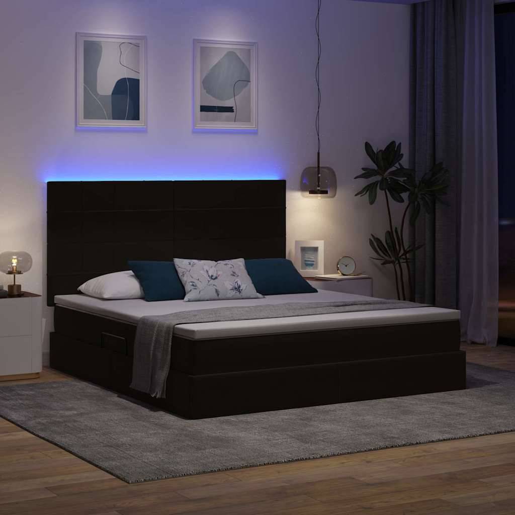 Ein modernes Schlafzimmer mit einem großen Bett, blau beleuchteten Kopfteil, zwei gerahmten abstrakten Kunstwerken und einer grünen Pflanze in der Ecke.