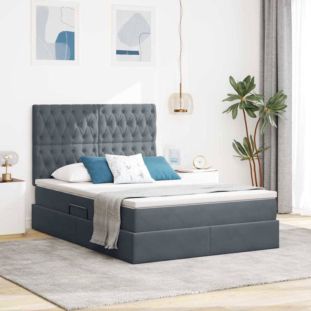 Ein modernes Schlafzimmer mit einem grau gepolsterten Bett mit blauen Kissen und einer weißen Decke, flankiert von Zimmerpflanzen und abstrakter Wandkunst.