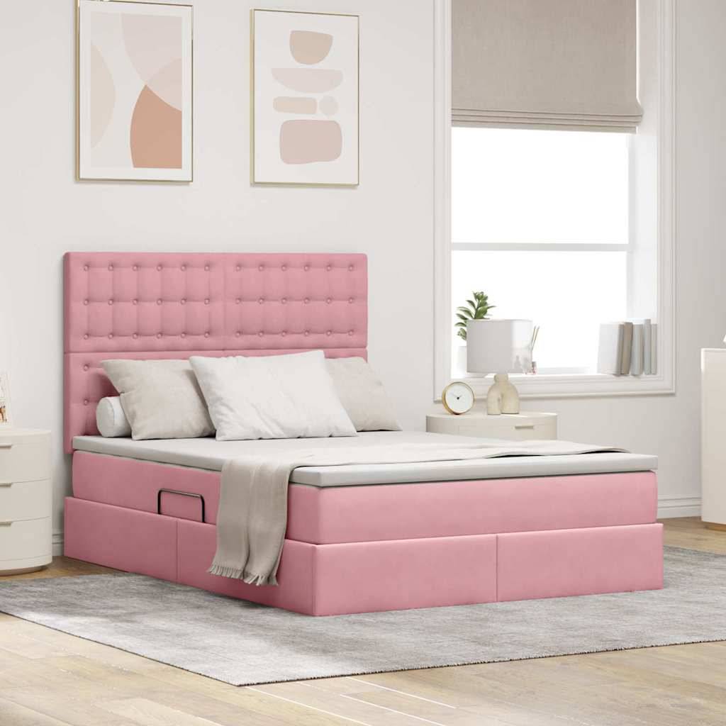 Schlafzimmer mit einem rosa gepolsterten Bett und neutraler Einrichtung, einschließlich abstrakter Kunst. Licht, das durch ein Fenster eindringt, schafft eine gemütliche Atmosphäre.