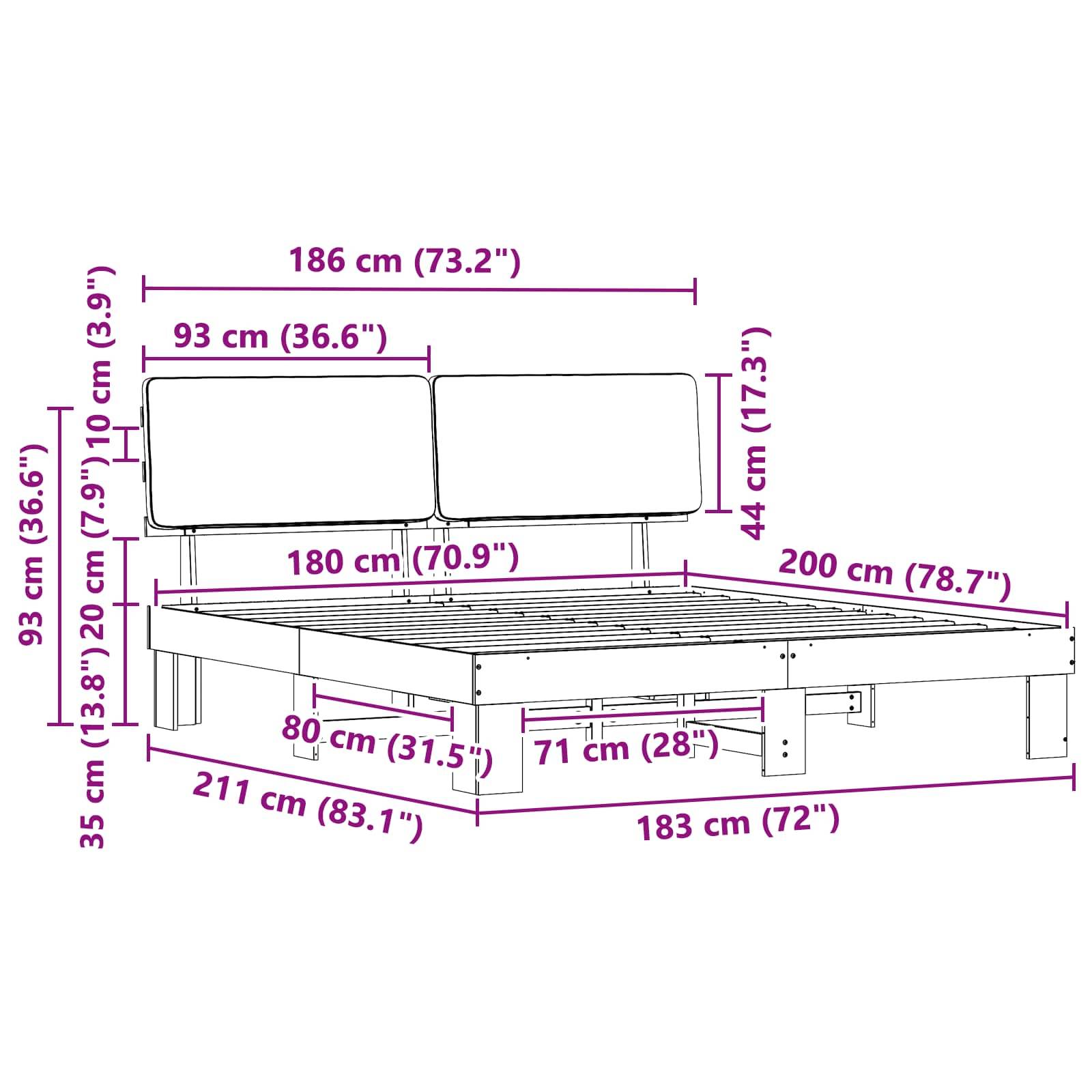 Maße für einen Bettrahmen: Länge 211 cm (83,1