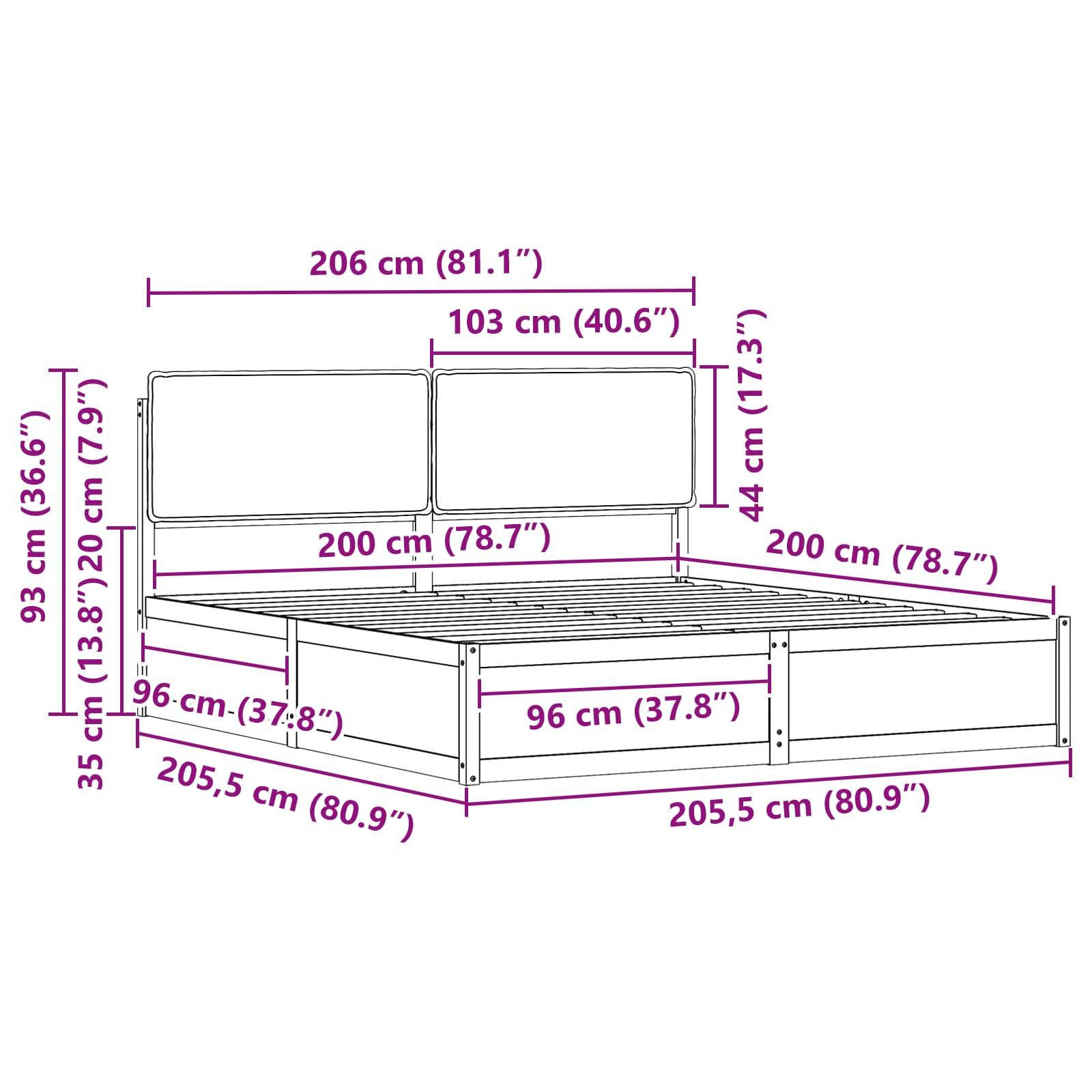 Abmessungen und perspektivische Ansicht eines Bettes: Breite 206 cm, Höhe 93 cm, Länge 205,5 cm. Der Kopfteil ist 103 cm breit und 44 cm hoch.
