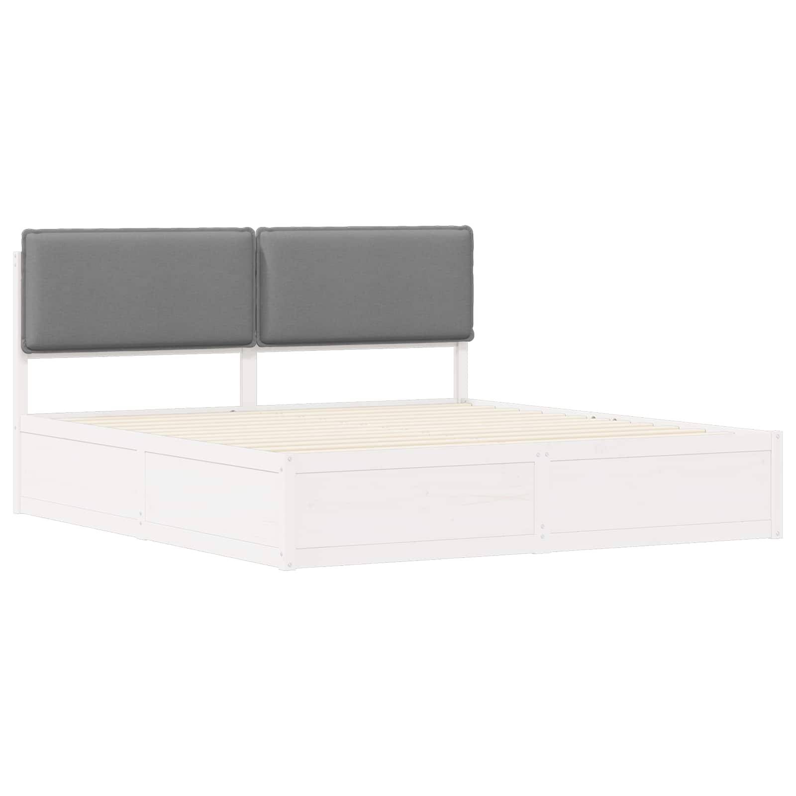 Weißer Holzbettrahmen mit zwei grauen gepolsterten Kopfteilen, Lattenrost, ohne Matratze. Schlichtes, modernes Design.