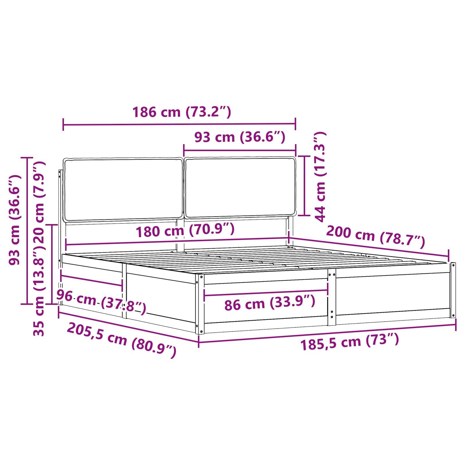 Diagramm eines Bettgestells mit Abmessungen: Breite 205,5 cm (80,9