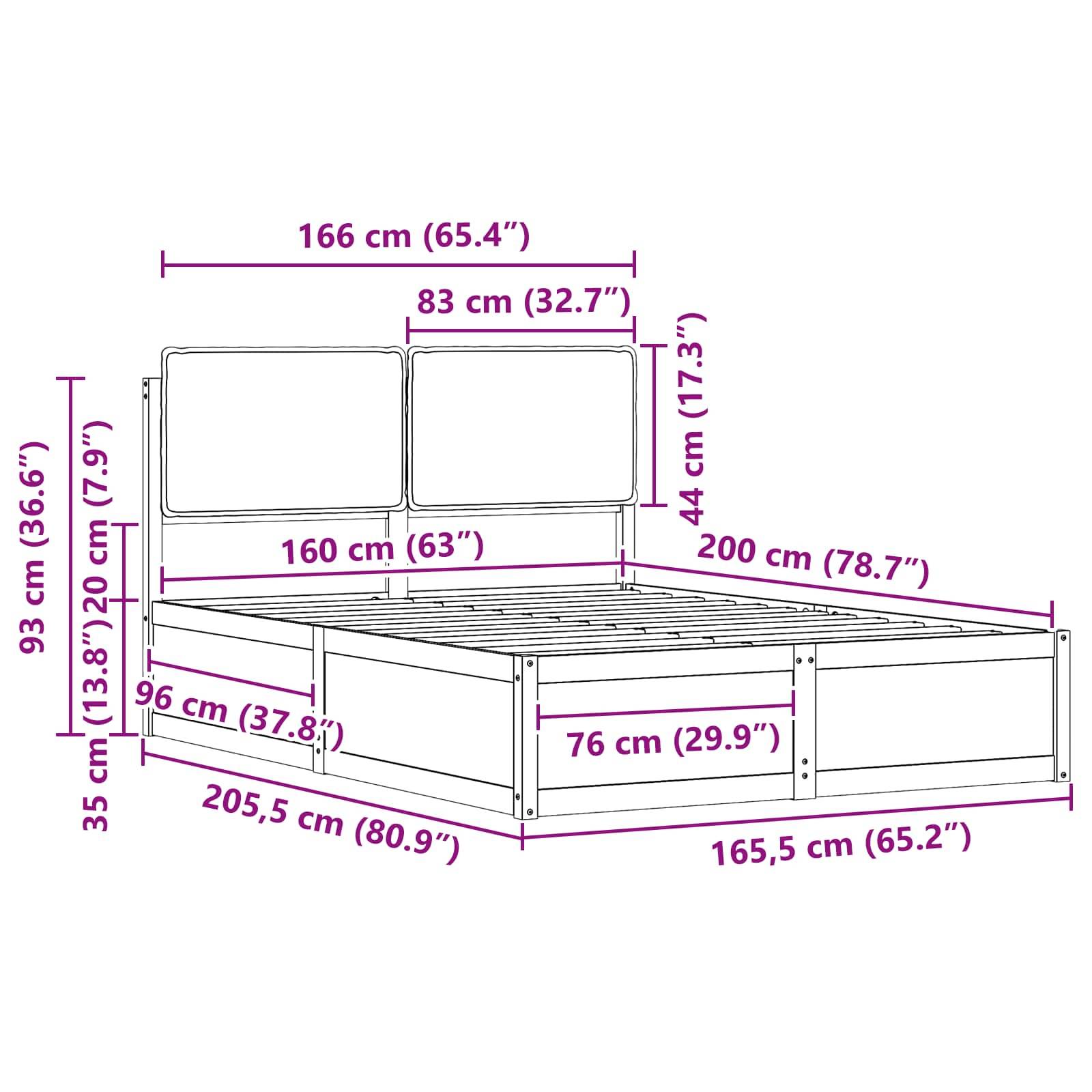 Darstellung eines Bettes mit detaillierten Maßen: Kopfteilhöhe 93 cm, Bettlänge 205,5 cm, Breite 166 cm und Matratzenplattformhöhe 35 cm.