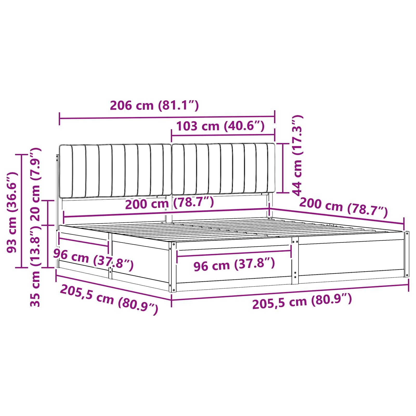 Maße eines Bettgestells mit Messungen in Zentimetern und Zoll. Länge: 206 cm, Breite: 200 cm, Höhe bis zum Kopfteil: 93 cm.