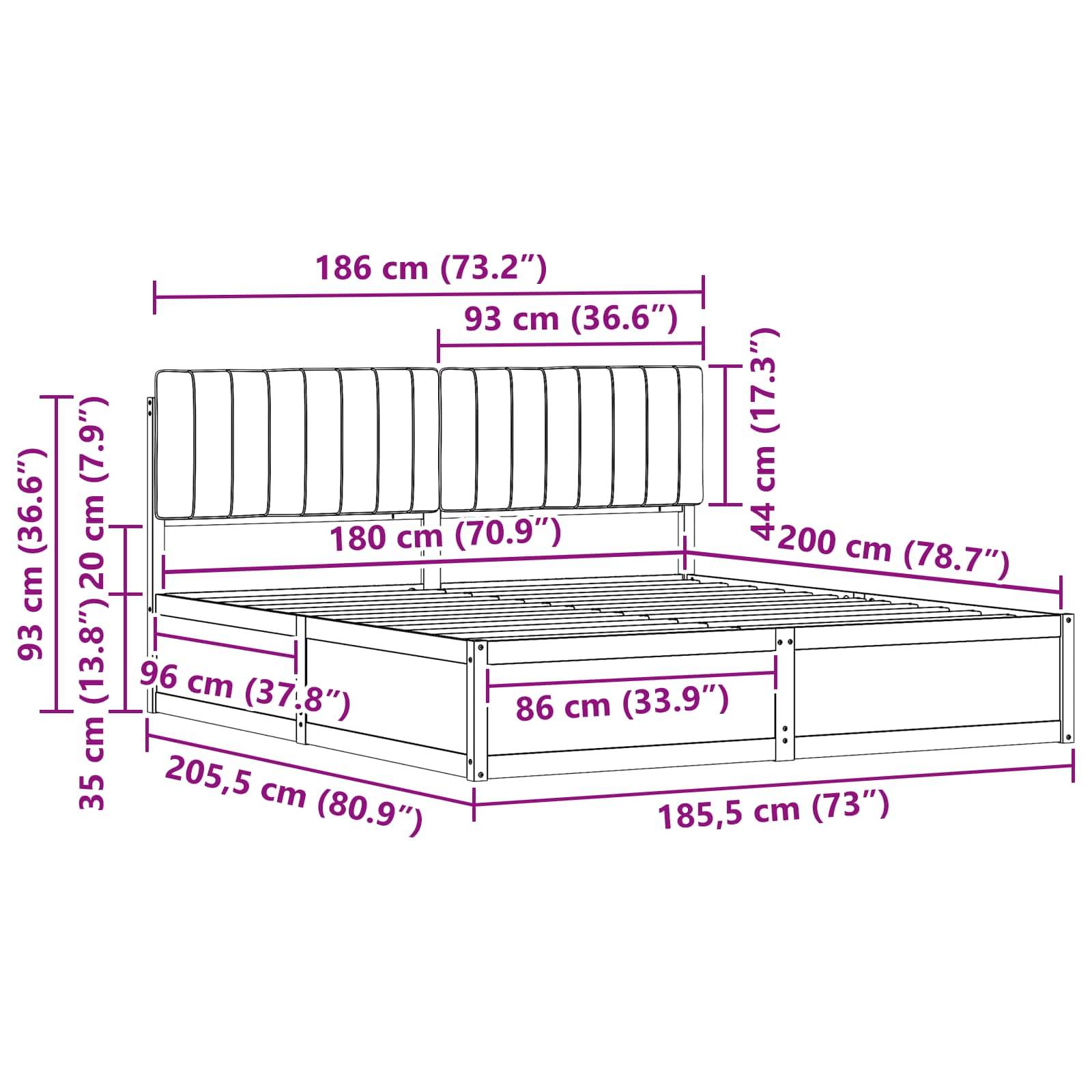Bettdiagramm mit Maßen. Breite: 186 cm, Höhe: 93 cm; Kopfteil: 93 cm. Bettlänge: 205,5 cm; Höhe bis zur Oberkante: 44 cm.