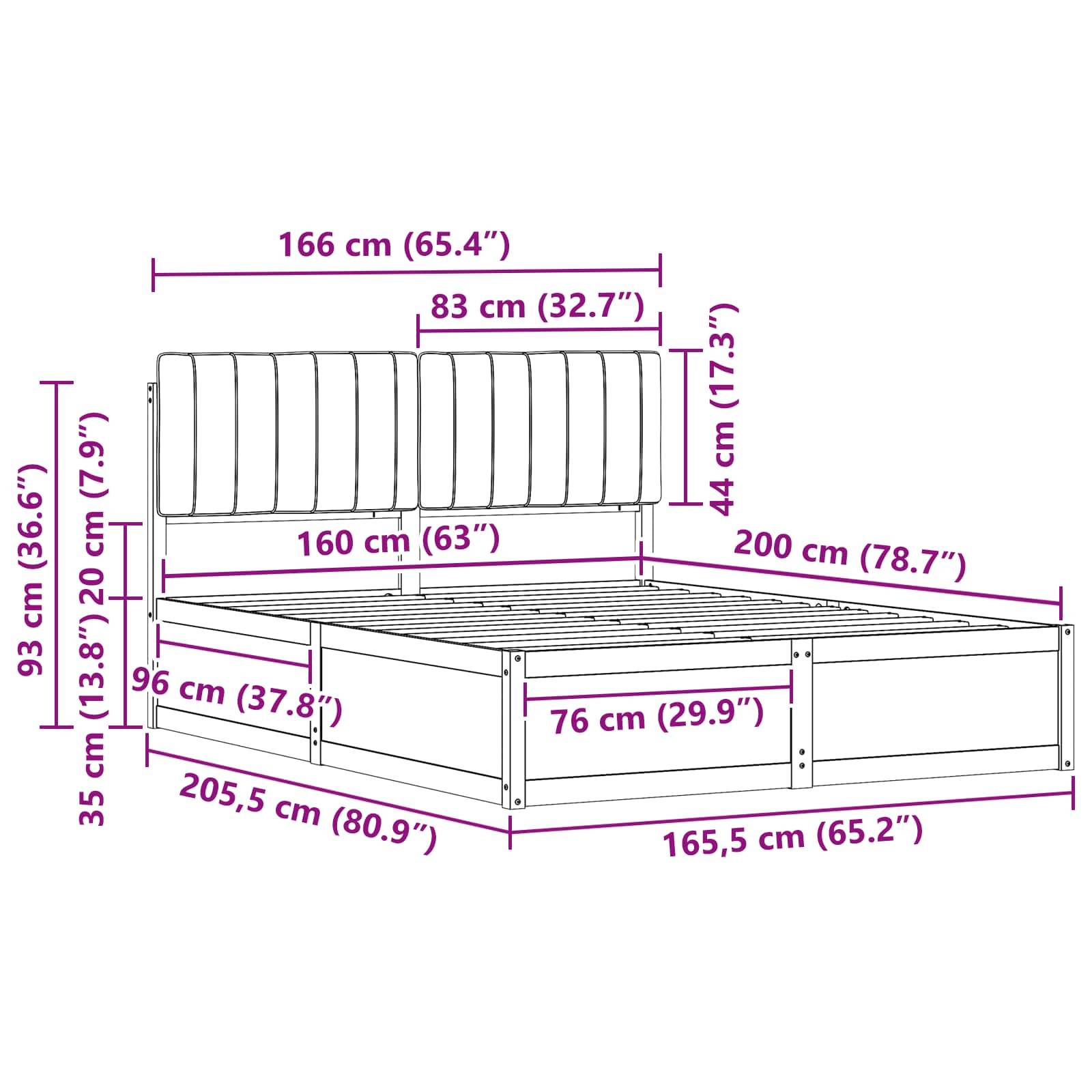 Darstellung eines Bettgestells mit Maßen: Breite 166 cm, Länge 205,5 cm, Höhe des Kopfteils 93 cm und Höhe des Fußteils 76 cm.