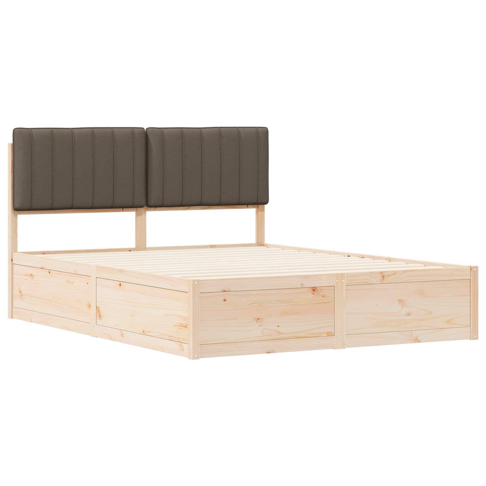 Helles Holzbettgestell mit gepolstertem, dunkelgrauem Kopfteil und integrierten Stauraummöglichkeiten unter dem Bett. Minimalistisches Design, ideal für moderne Schlafzimmer.