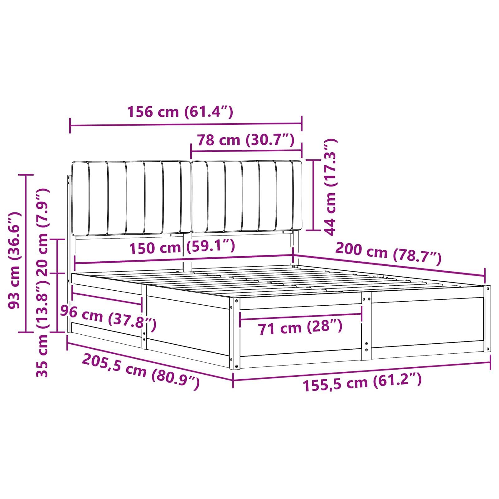 Diagramm eines Bettes mit Maßen: 156 cm Breite, 200 cm Länge, 93 cm Kopfteilhöhe, 35 cm Beinhöhe und weiteren detaillierten Abmessungen.
