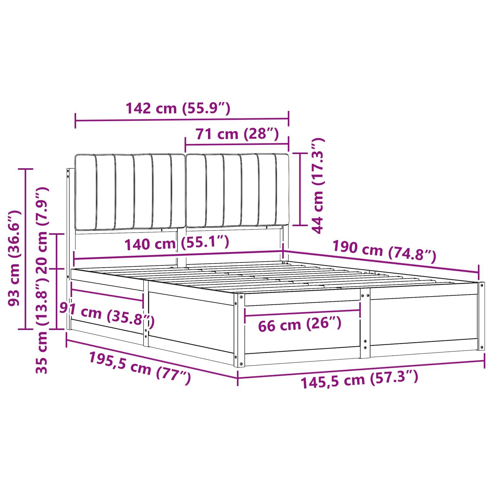 Darstellung eines Kingsize-Bettgestells mit Abmessungen: Kopfteilhöhe 93 cm, Länge 195,5 cm, Breite 145,5 cm, Seitenhöhe 35 cm.