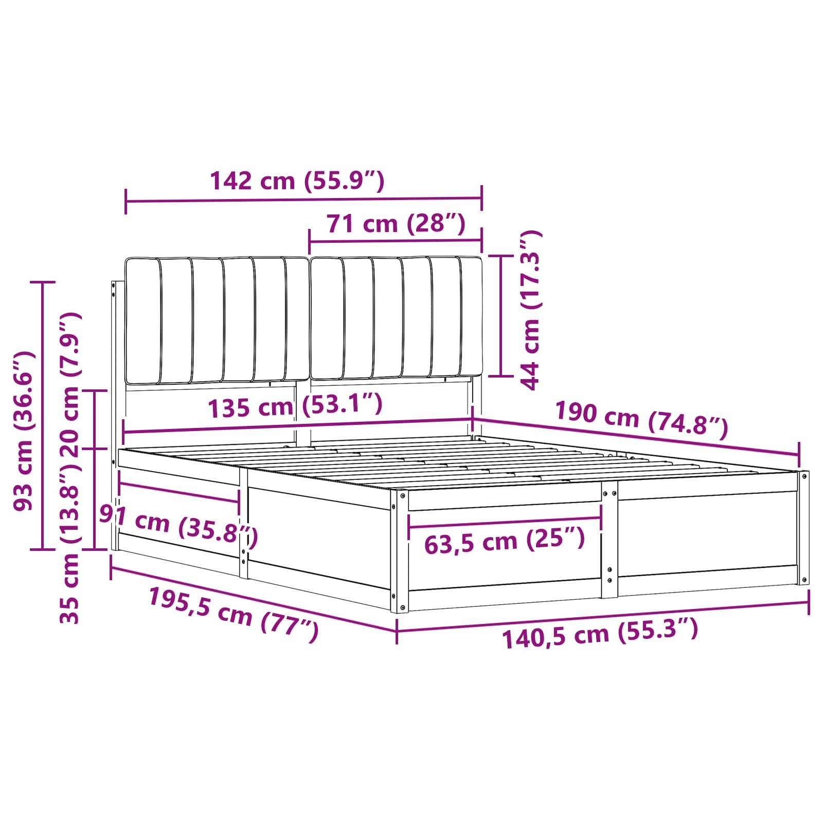 Zeichnung eines Bettgestells mit Maßangaben: Breite 142 cm (55,9