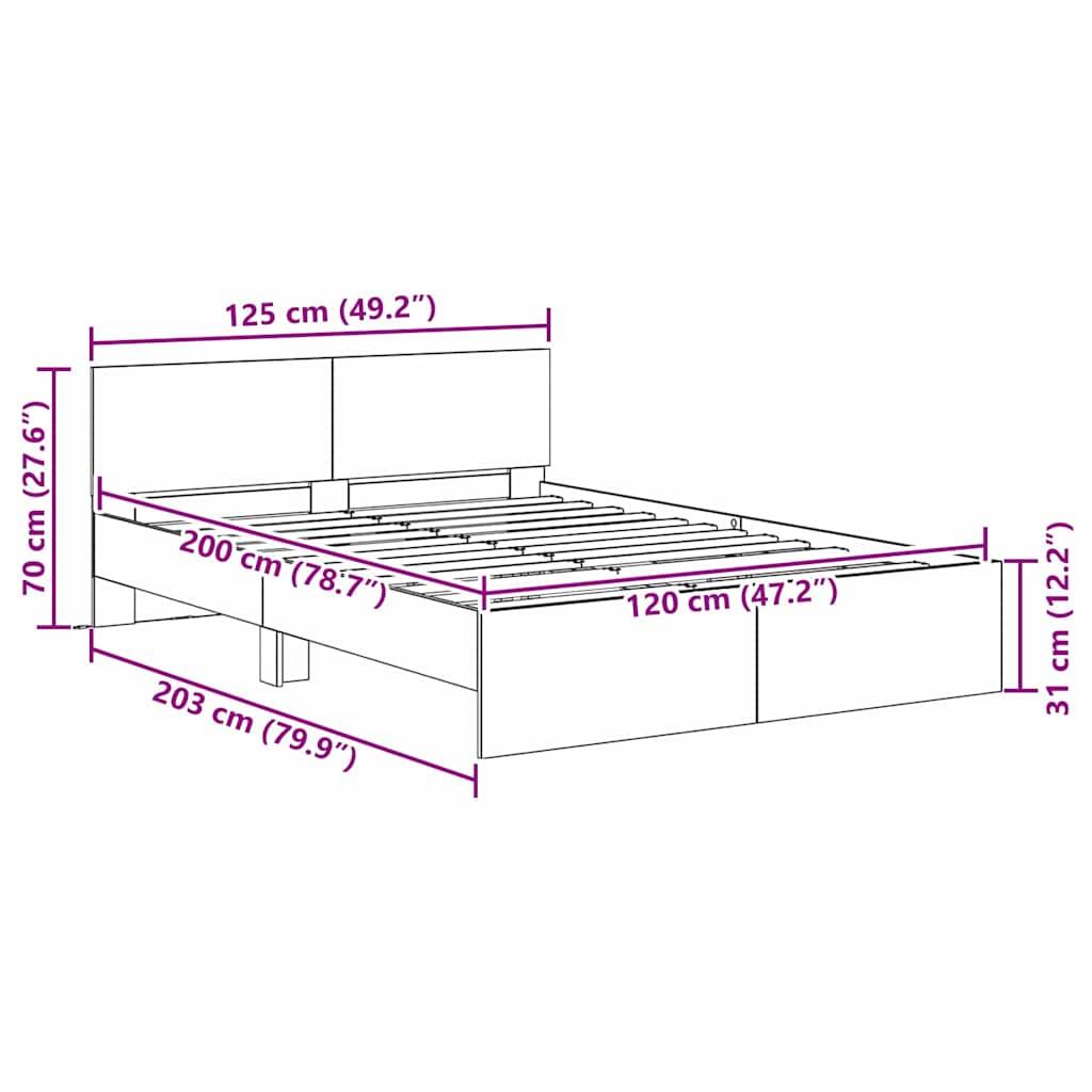 Bettrahmen-Dimensionen-Diagramm: Höhe 72,6 cm, Breite 125 cm, Länge 203 cm, Seitenbreite 120 cm, Seitenlänge 200 cm, Basishöhe 31 cm.