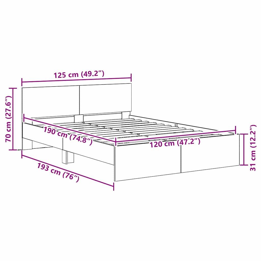 Darstellung eines Bettgestells mit Maßen: Breite 125 cm, Höhe 70 cm (Kopfteil), Länge 190 cm und Basishöhe 31 cm.
