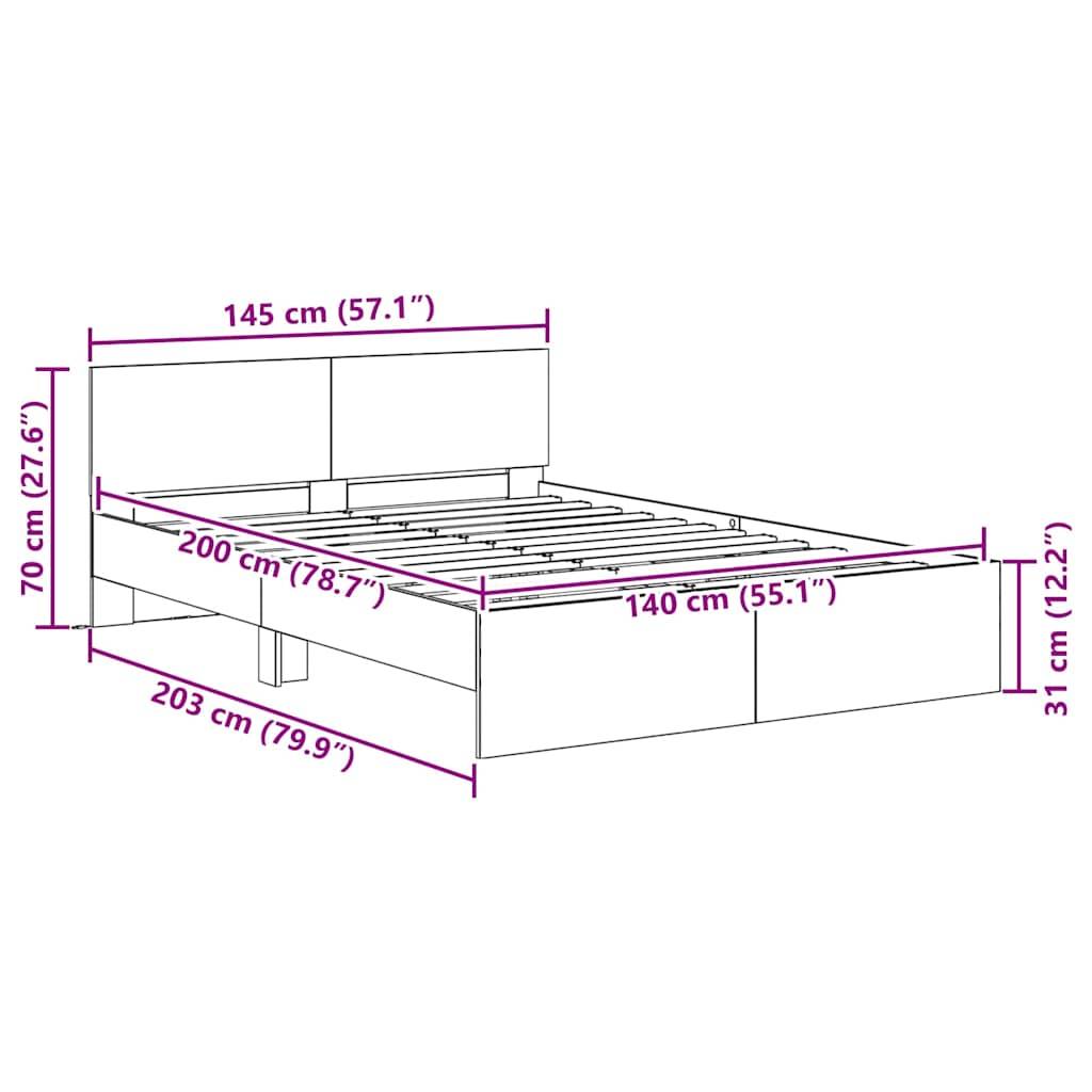 Abmessungen und Perspektivansicht eines Bettgestells: Länge 203 cm, Breite 145 cm, Höhe 70 cm, Matratzenbereich 200 cm x 140 cm, Sockelhöhe 31 cm.