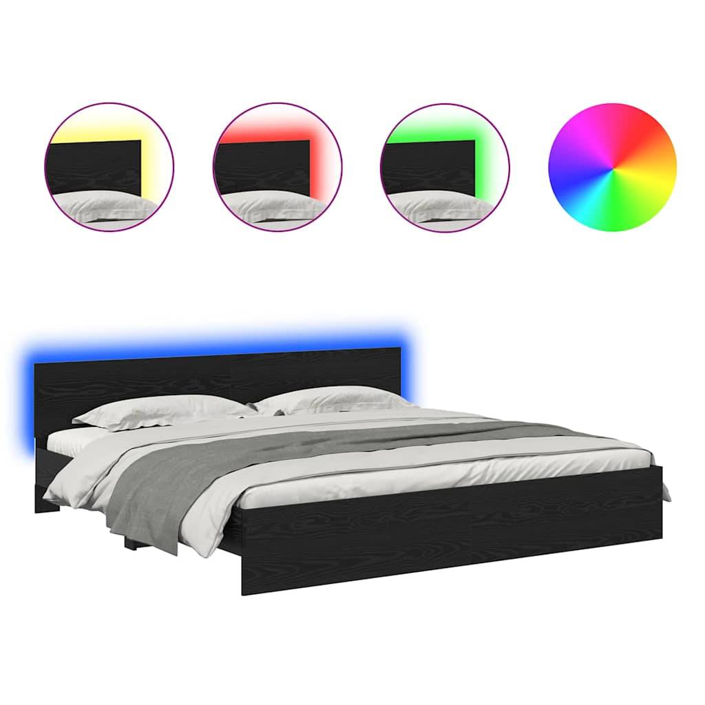 Ein modernes Bett mit LED-Hintergrundbeleuchtung, das in verschiedenen Farben gezeigt wird: blau, rot, grün. Ein Farbrad zeigt anpassbare Optionen an.